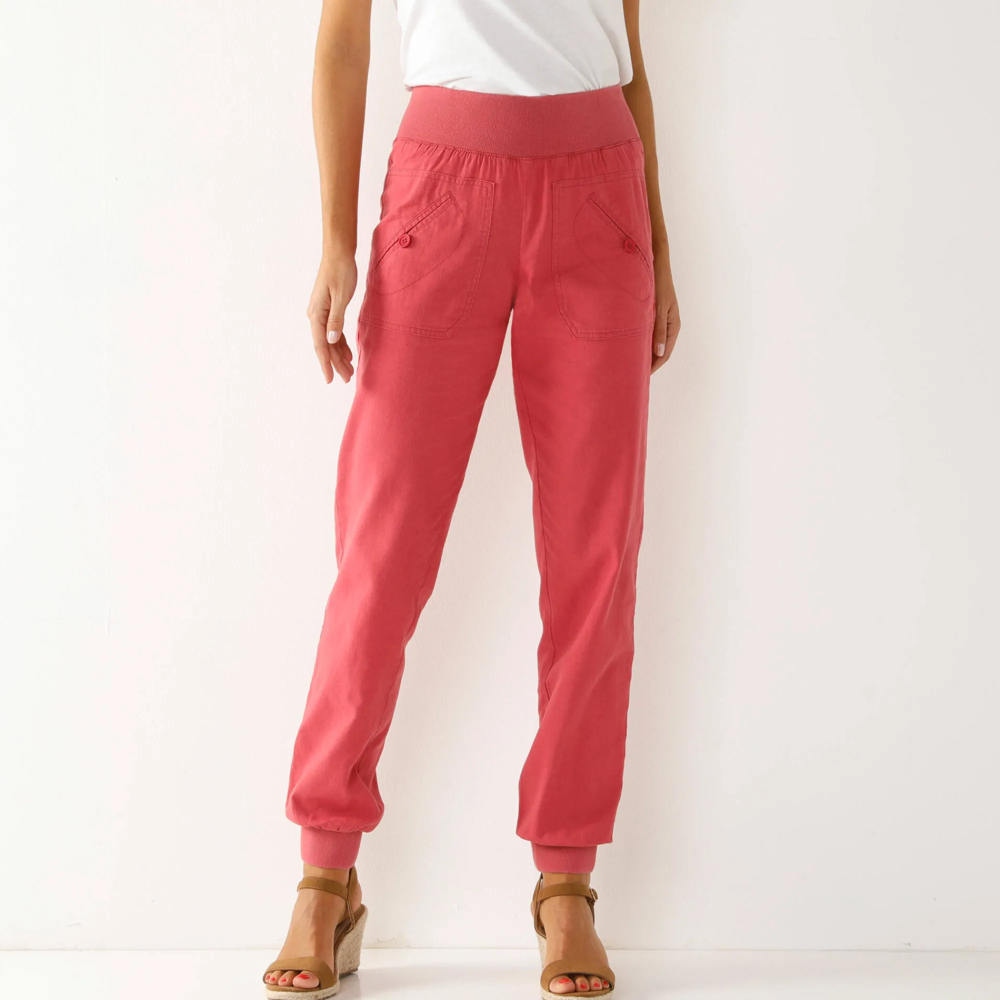 Broek<Blancheporte Bloezende broek met elastische taille, linnen-katoen framboos