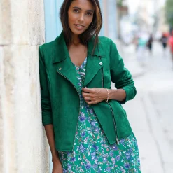 Jas En Mantel<Blancheporte Blouson in suèdine met rits en reverskraag met drukknoopsluiting groen