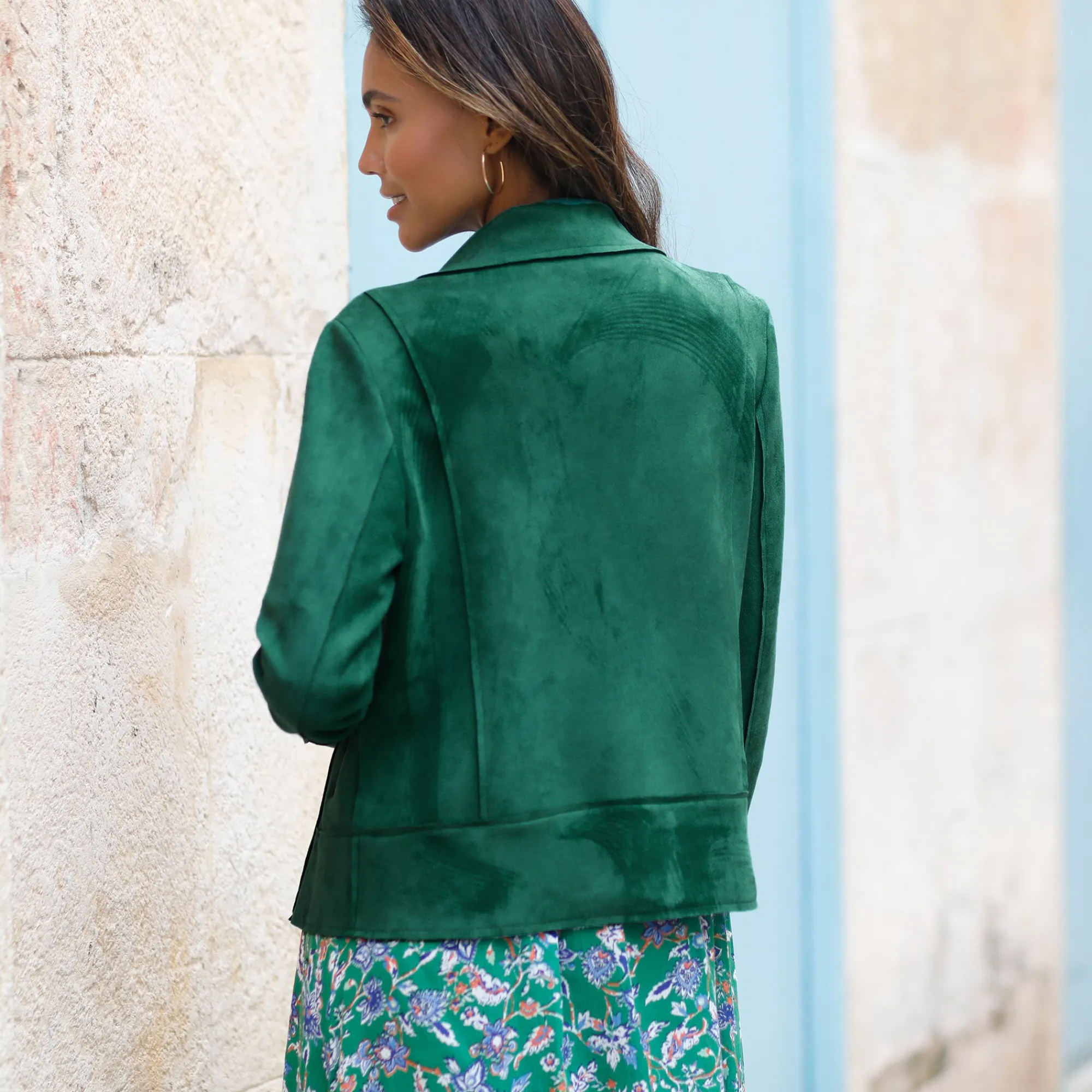 Jas En Mantel<Blancheporte Blouson in suèdine met rits en reverskraag met drukknoopsluiting groen