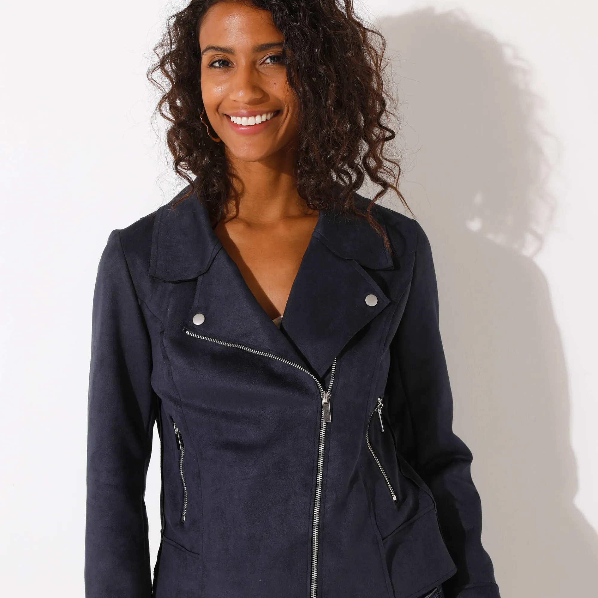 Jas En Mantel<Blancheporte Blouson in suèdine met rits en reverskraag met drukknoopsluiting marine