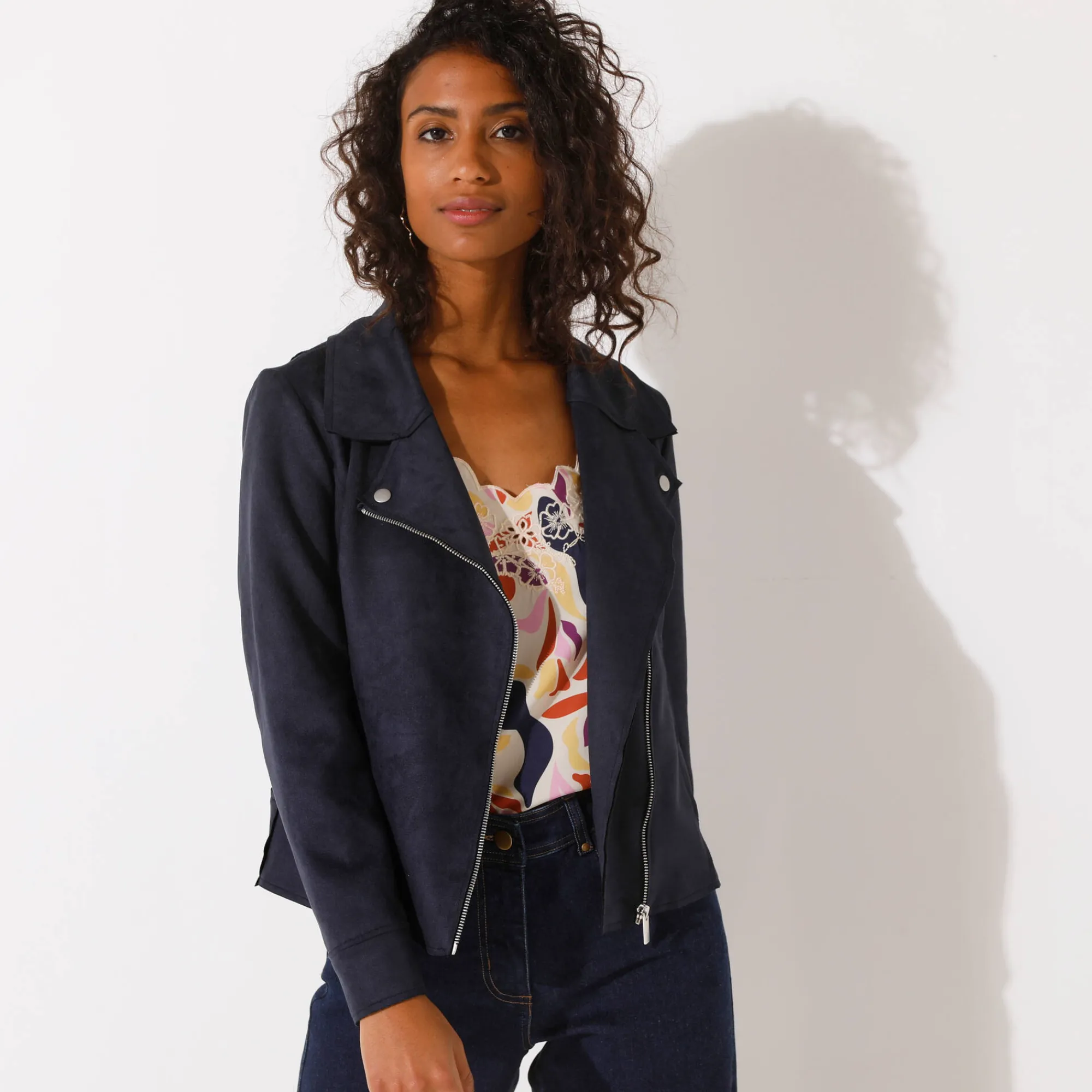 Jas En Mantel<Blancheporte Blouson in suèdine met rits en reverskraag met drukknoopsluiting marine