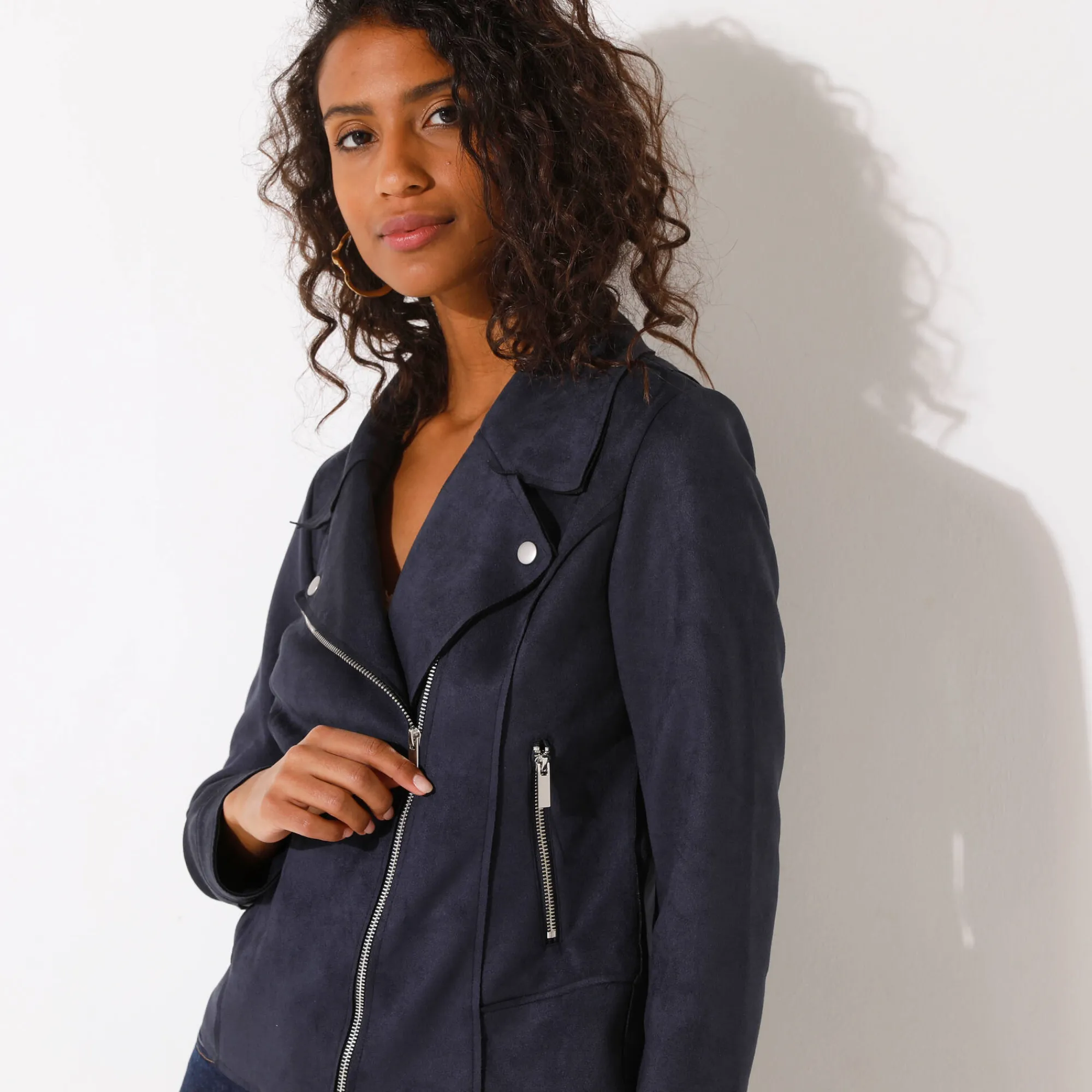 Jas En Mantel<Blancheporte Blouson in suèdine met rits en reverskraag met drukknoopsluiting marine