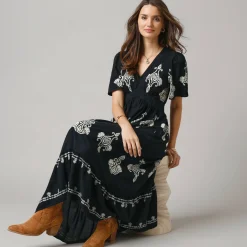 Jurk<Lora Zellini Bohemian lange jurk, print met borduureffect zwart / beige
