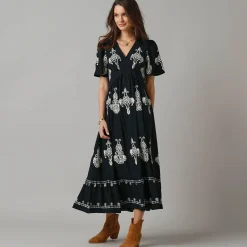 Jurk<Lora Zellini Bohemian lange jurk, print met borduureffect zwart / beige
