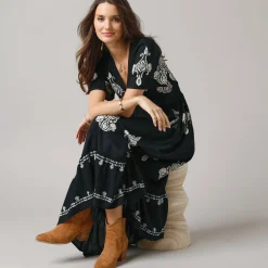 Jurk<Lora Zellini Bohemian lange jurk, print met borduureffect zwart / beige