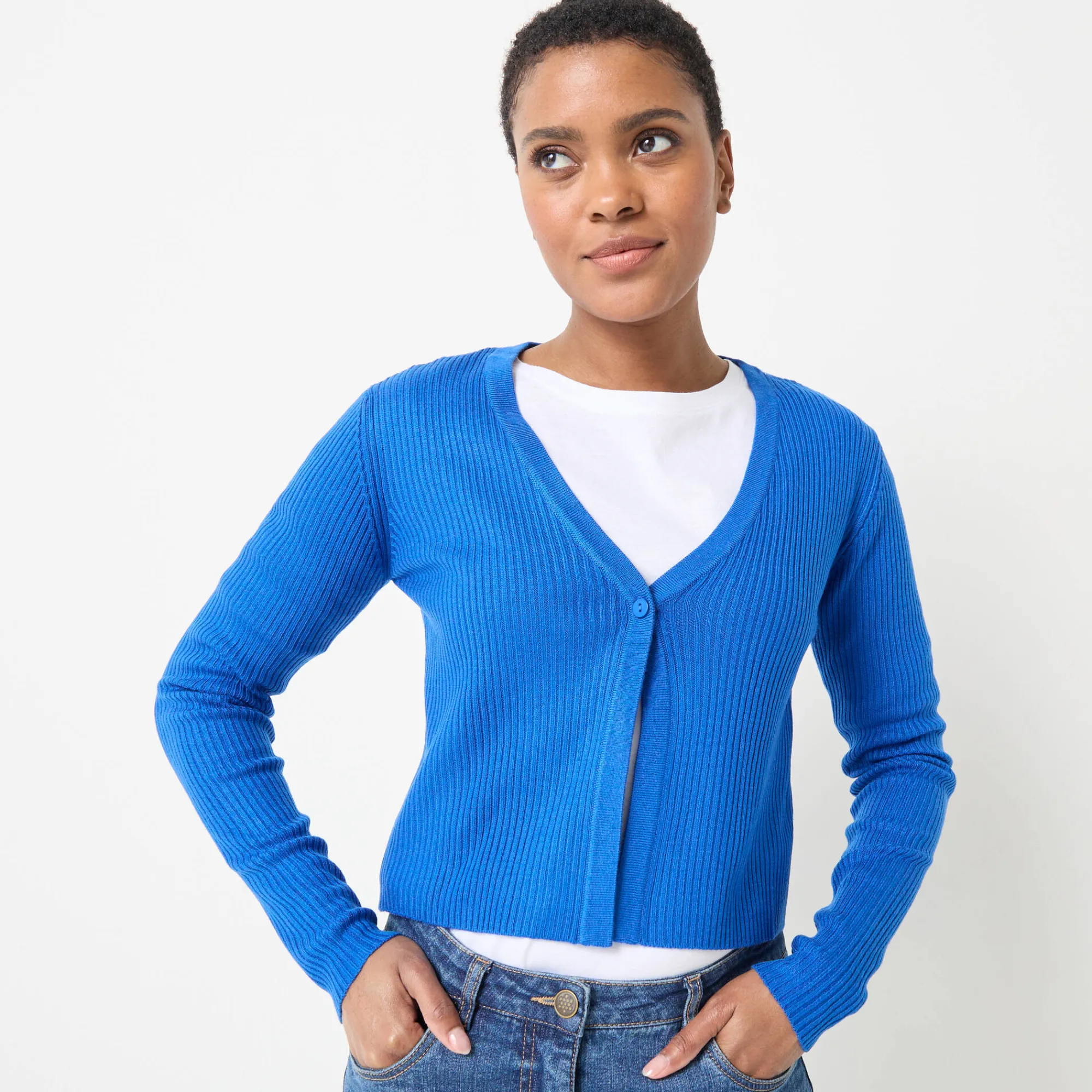 Trui En Vest<Blancheporte Bolerovest, ribtricot felblauw