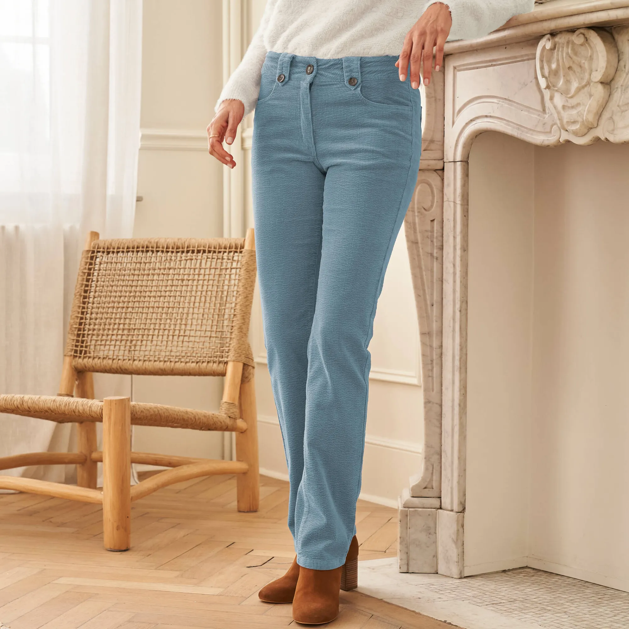 Broek<Blancheporte Broek in ribvelours met recht model blauwgrijs