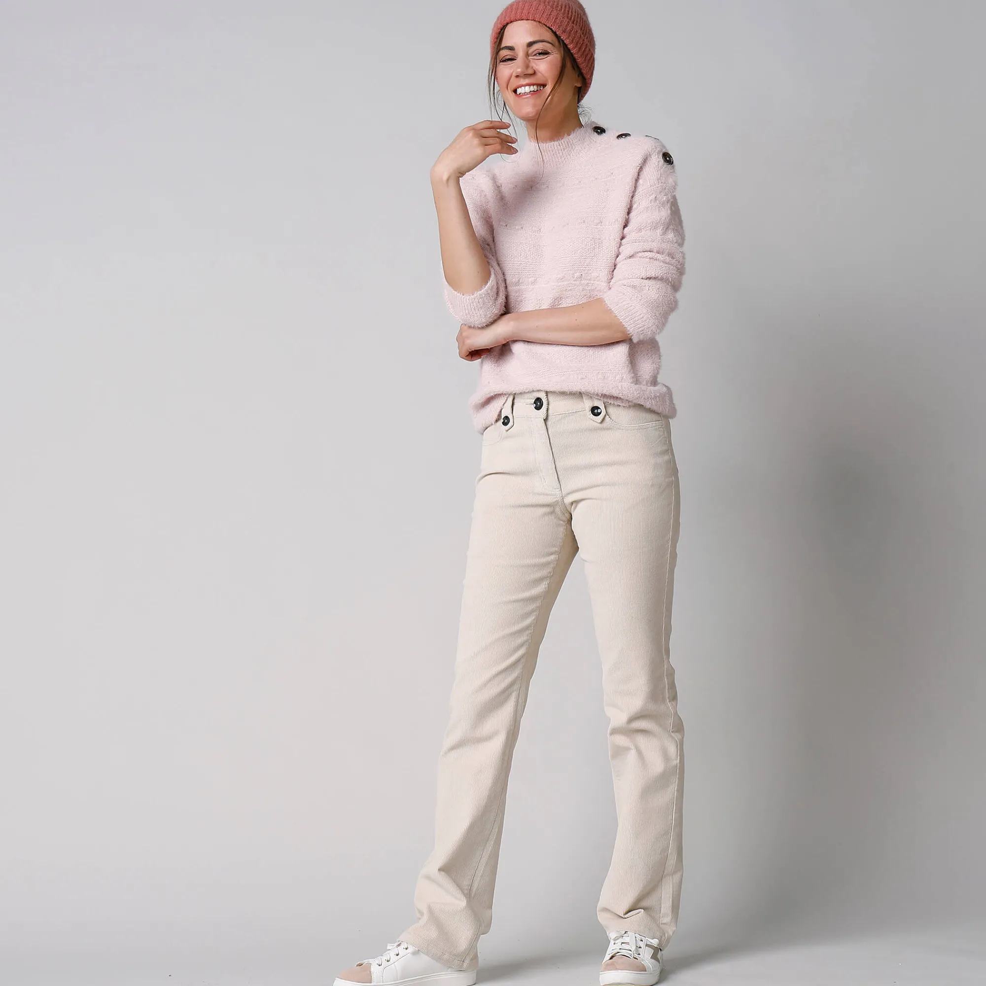 Broek<Blancheporte Broek in ribvelours met recht model grijsbeige