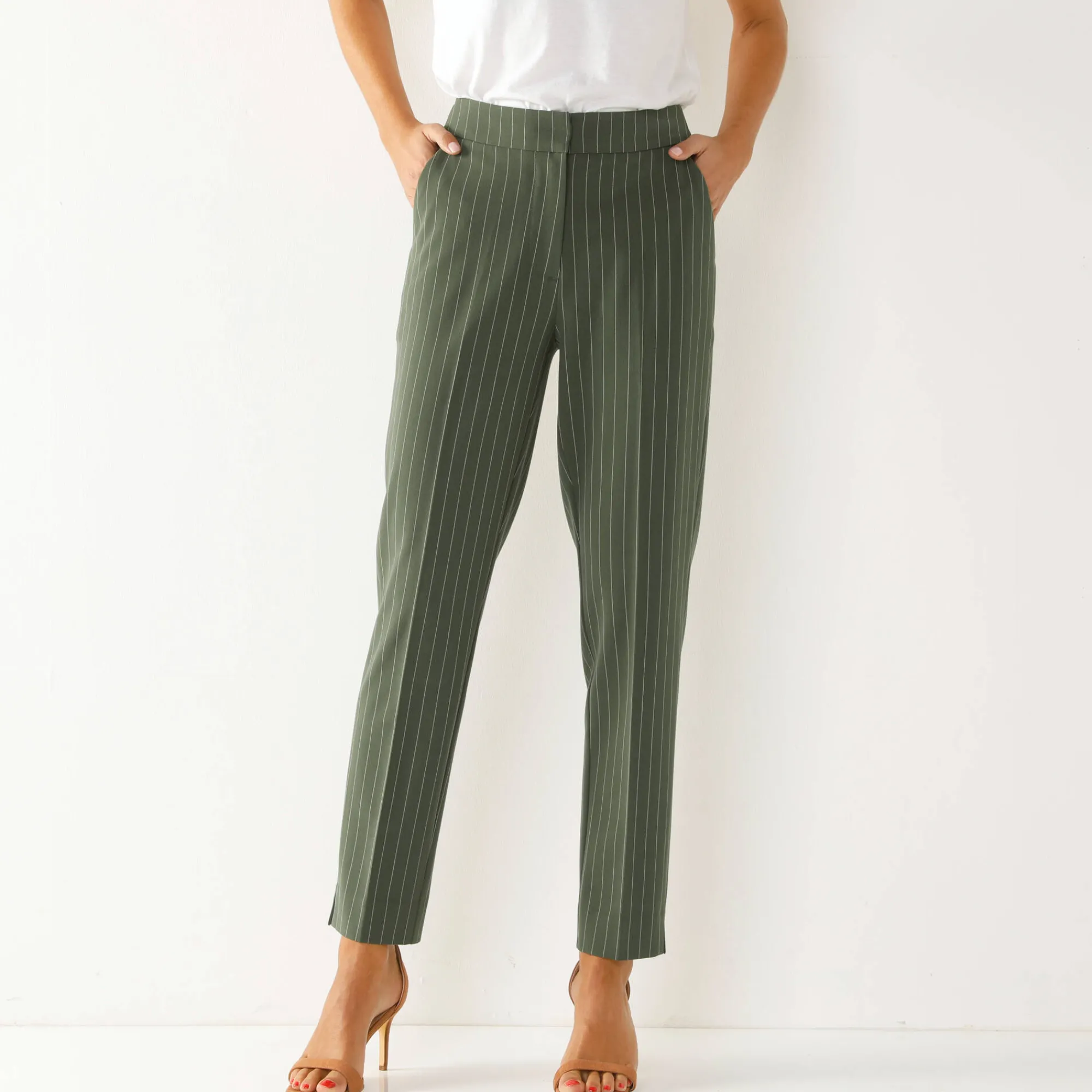 Broek<Blancheporte 7/8-broek in slimmodel, strepenprint kaki