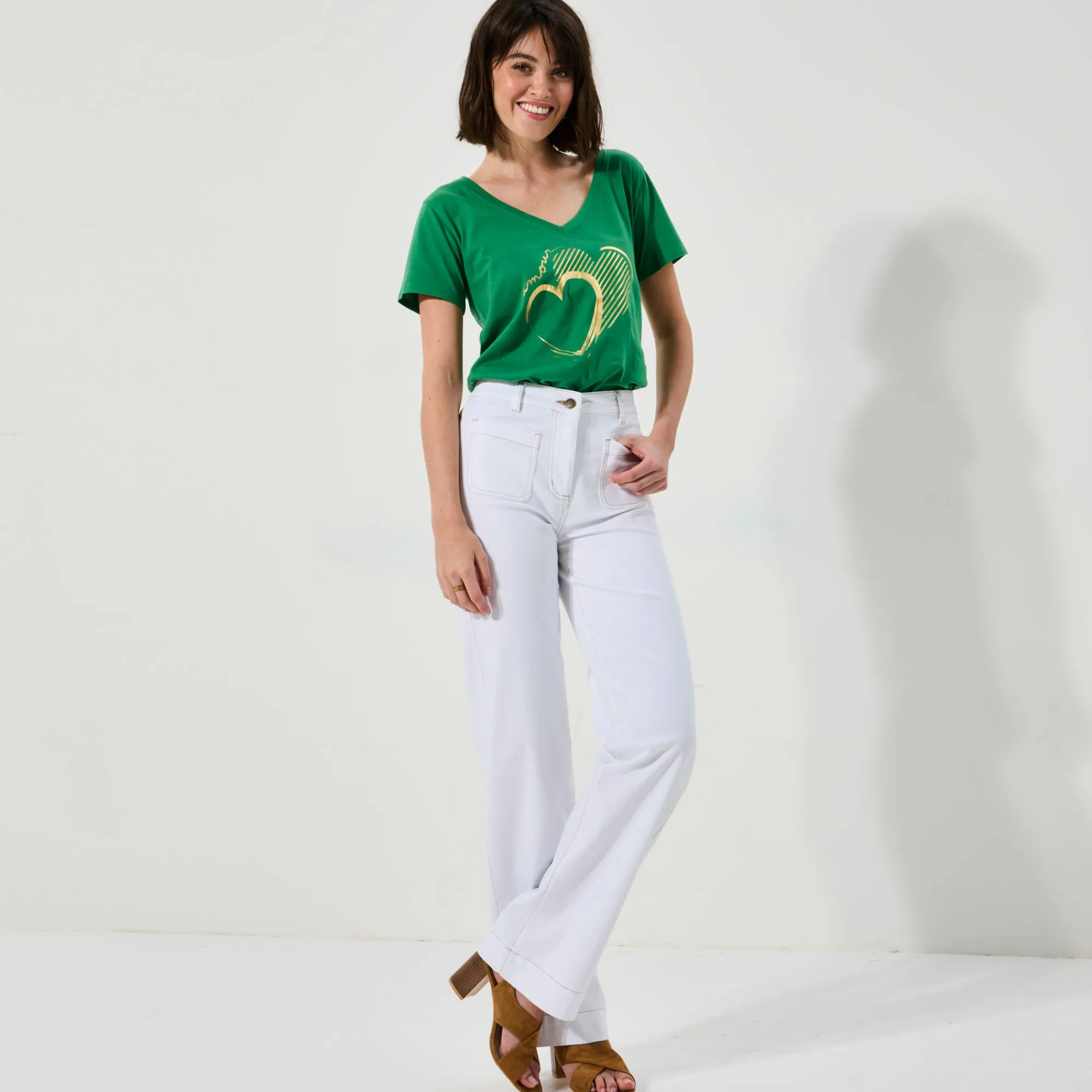 Broek<Blancheporte Broek in twill, ruim model met hoge taille, grote lengte wit