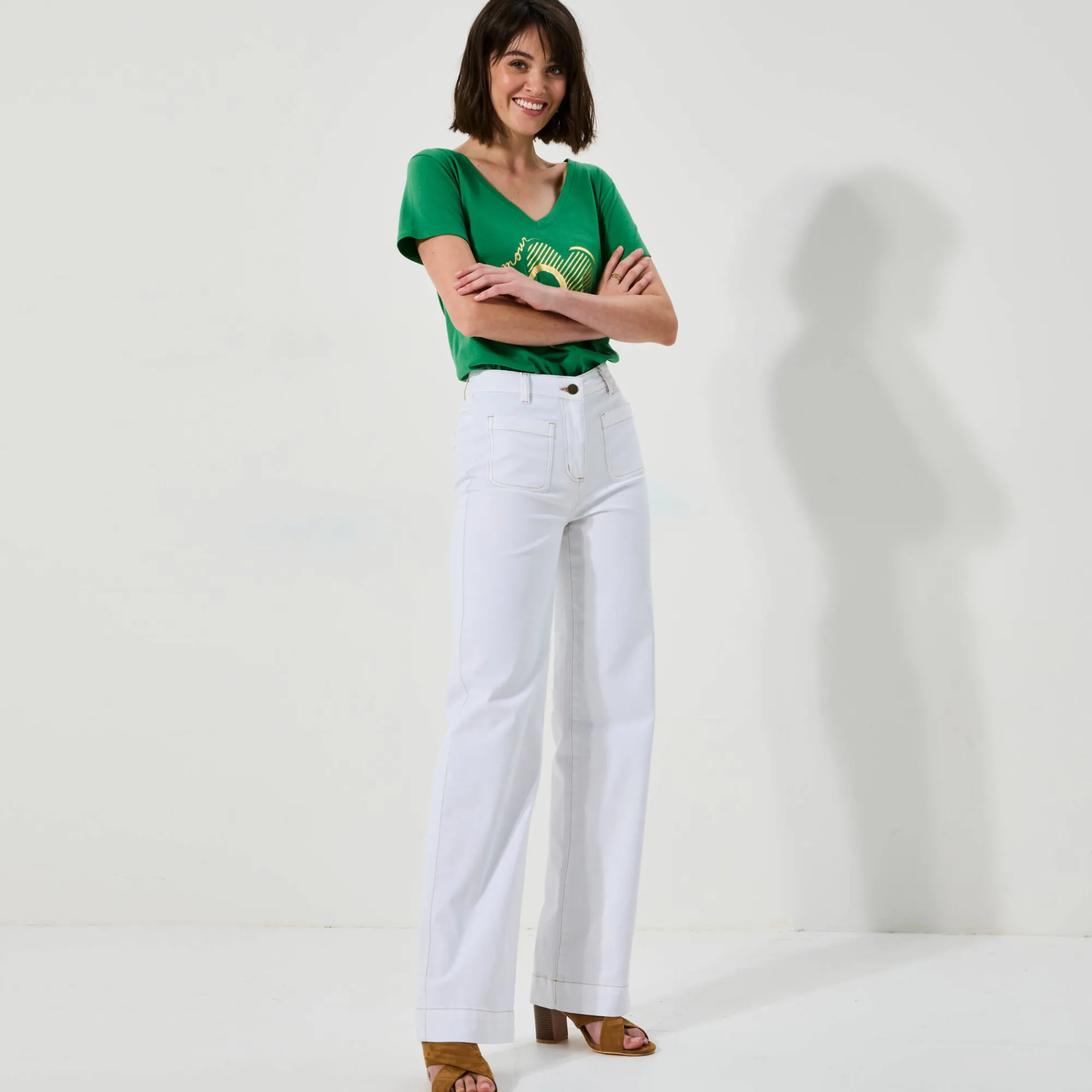 Broek<Blancheporte Broek in twill, ruim model met hoge taille, middelmatige lengte wit