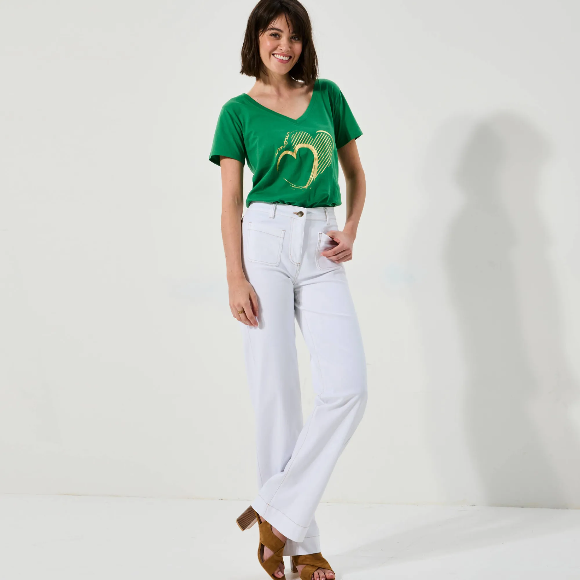 Broek<Blancheporte Broek in twill, ruim model met hoge taille, middelmatige lengte wit