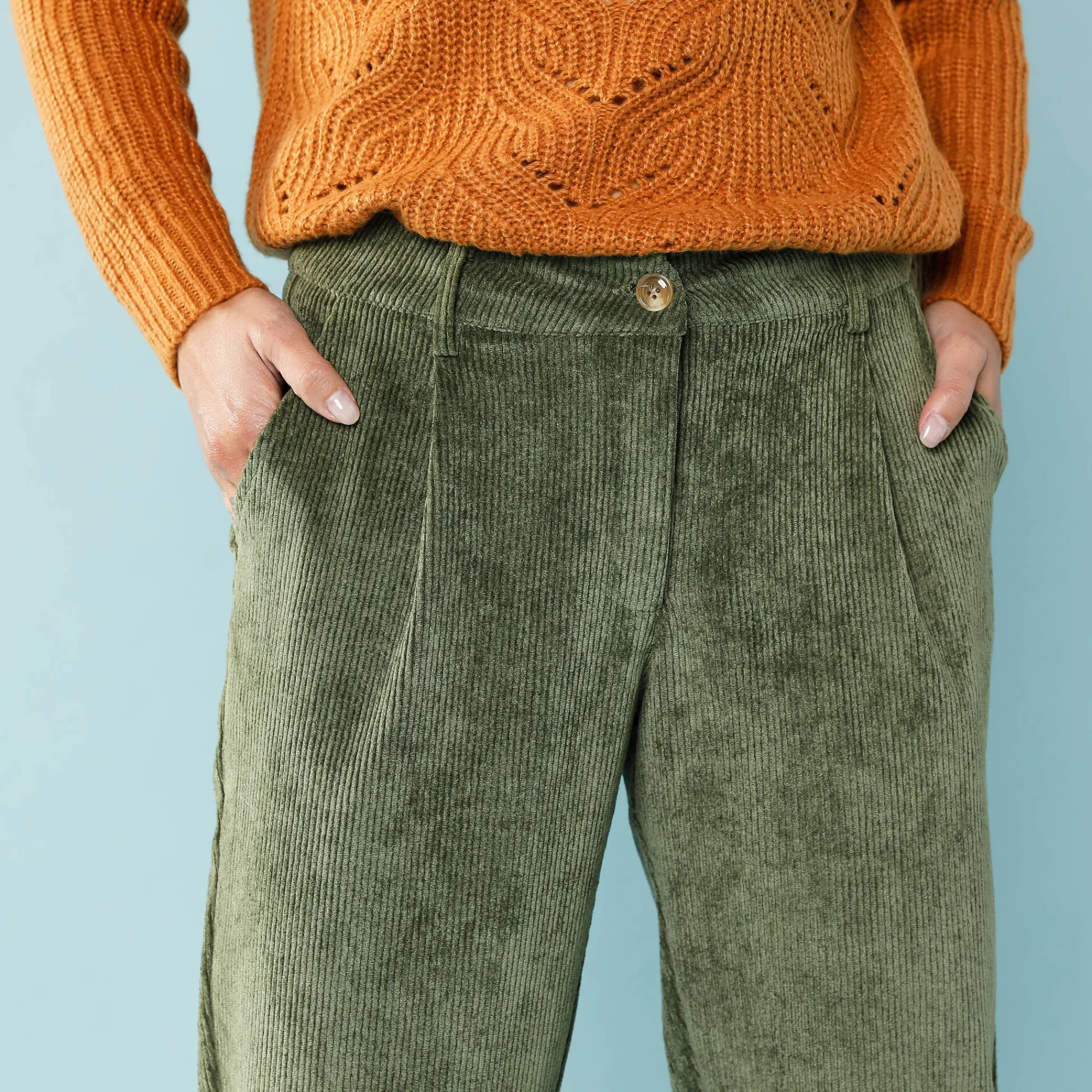 Broek<Blancheporte 7/8-broek in velours, kleine lengtes kaki