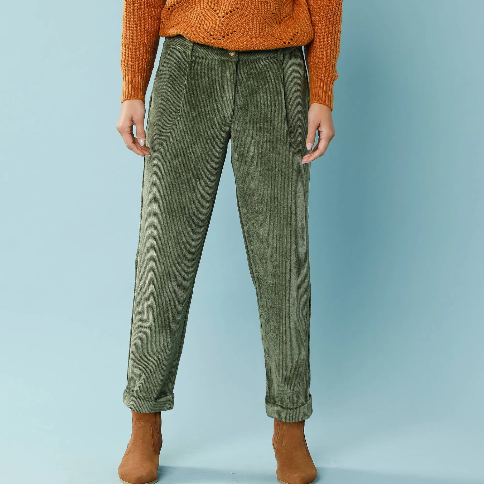 Broek<Blancheporte 7/8-broek in velours, kleine lengtes kaki