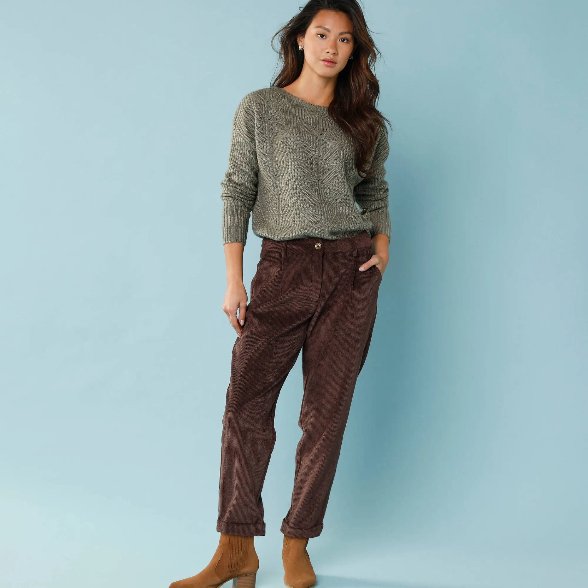 Broek<Blancheporte 7/8-broek in velours, kleine lengtes chocolade