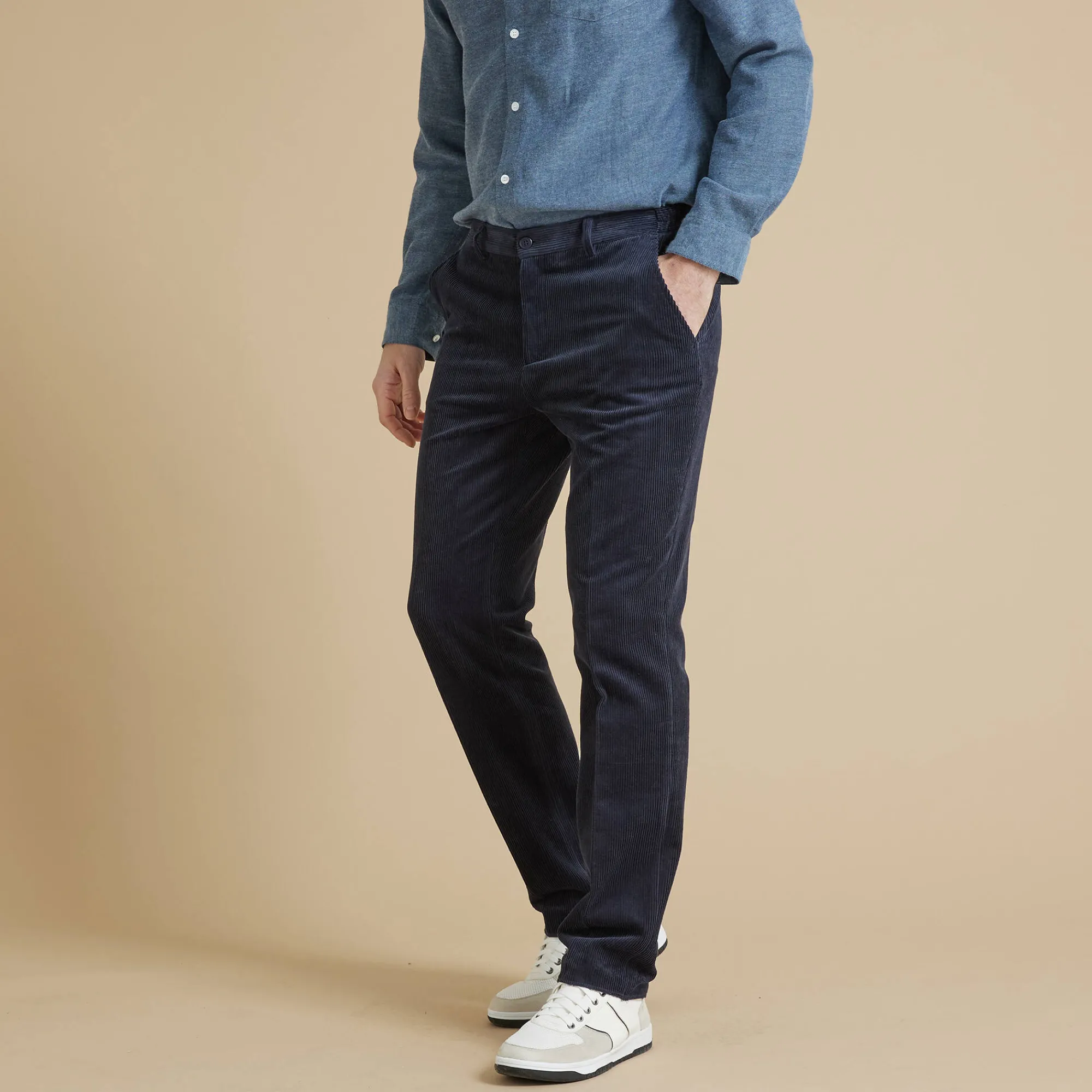 Feestoutfits Heren|Broek<Blancheporte Broek in velours met elastische taille zonder bandplooien marine