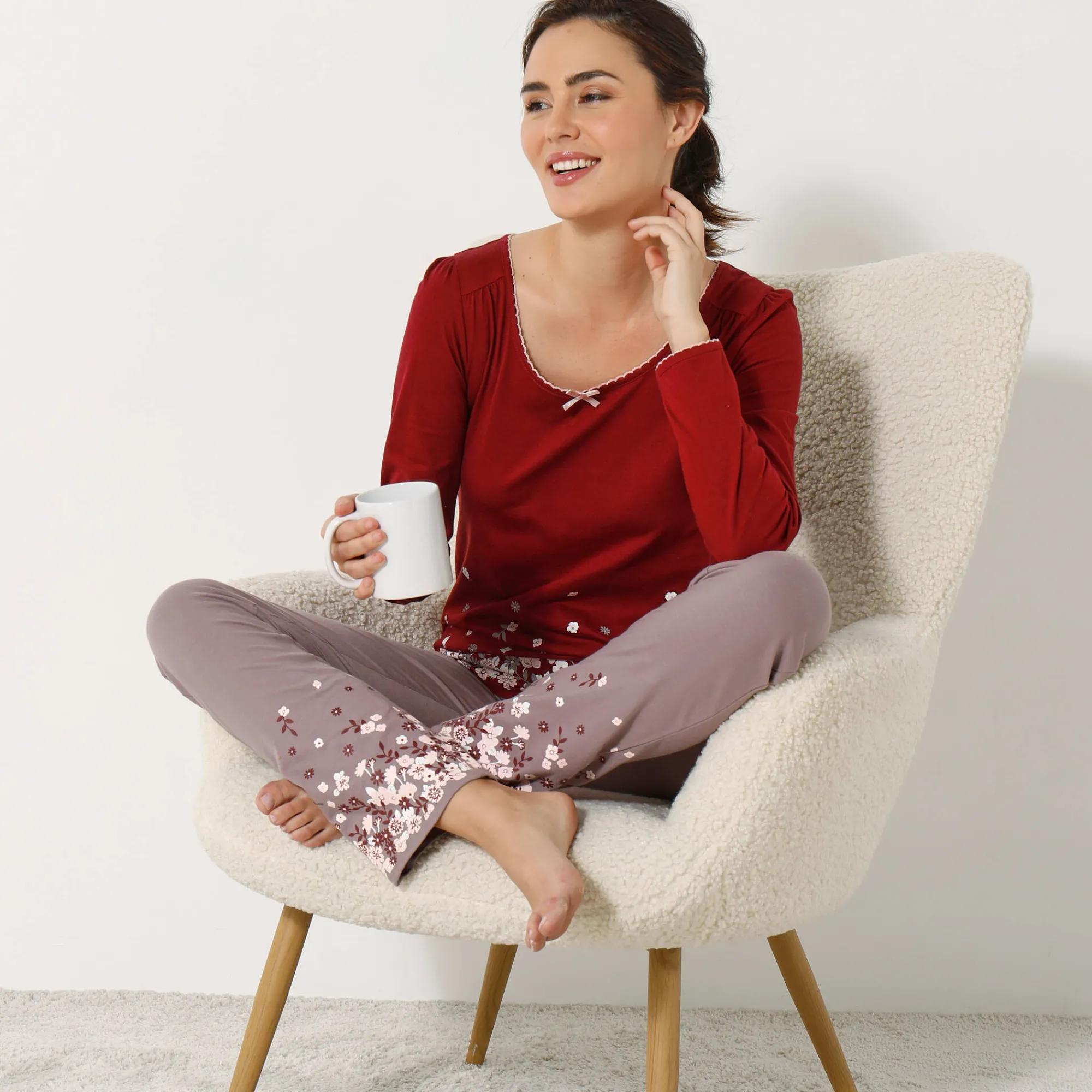 Pyjama<Blancheporte Broek met bloemenprint onderaan - katoenjersey taupe