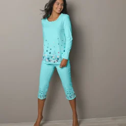 Pyjama<Blancheporte 3/4-broek met landelijke print onderaan - katoenjersey aqua