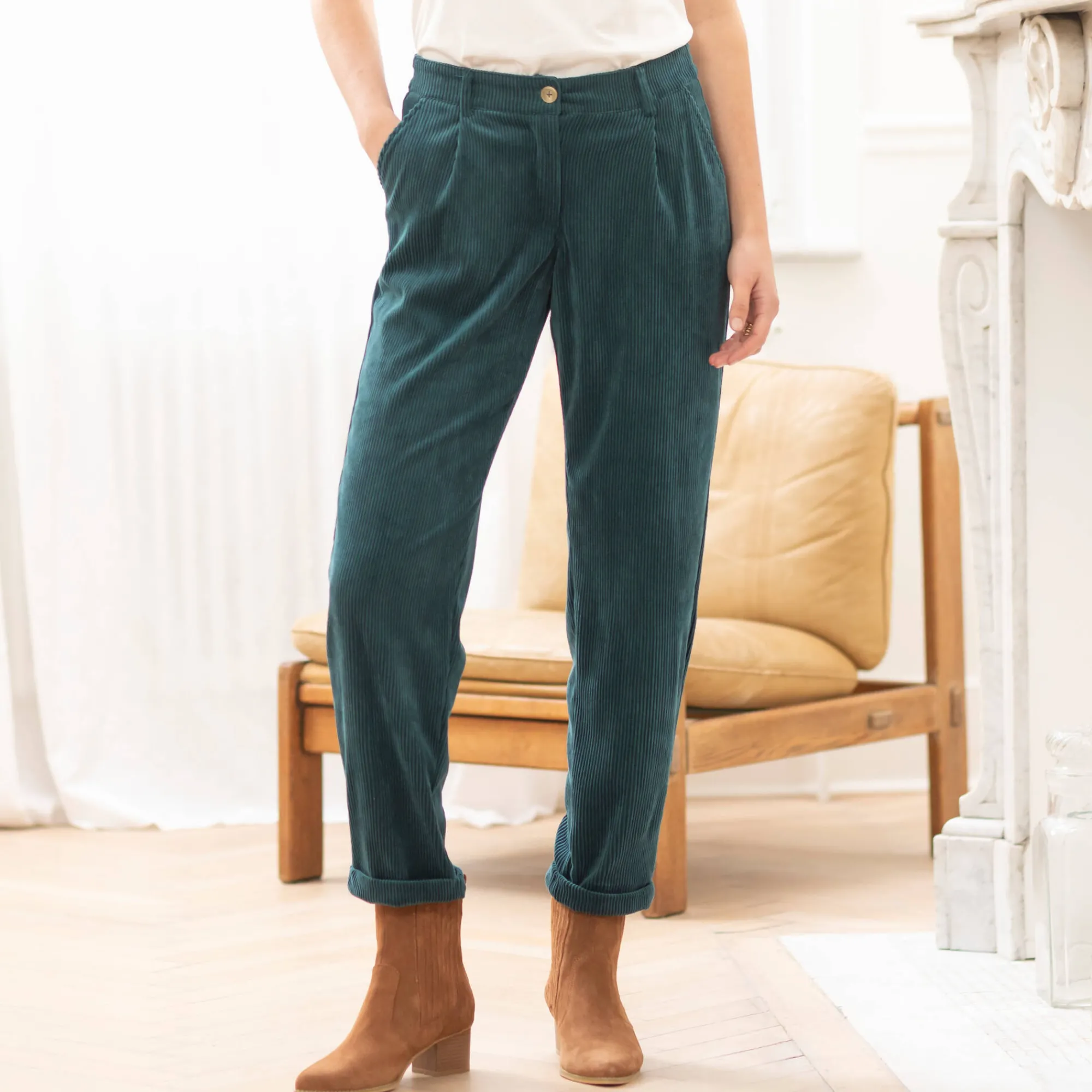 Broek<Blancheporte 7/8-broek, velours petroleumblauw