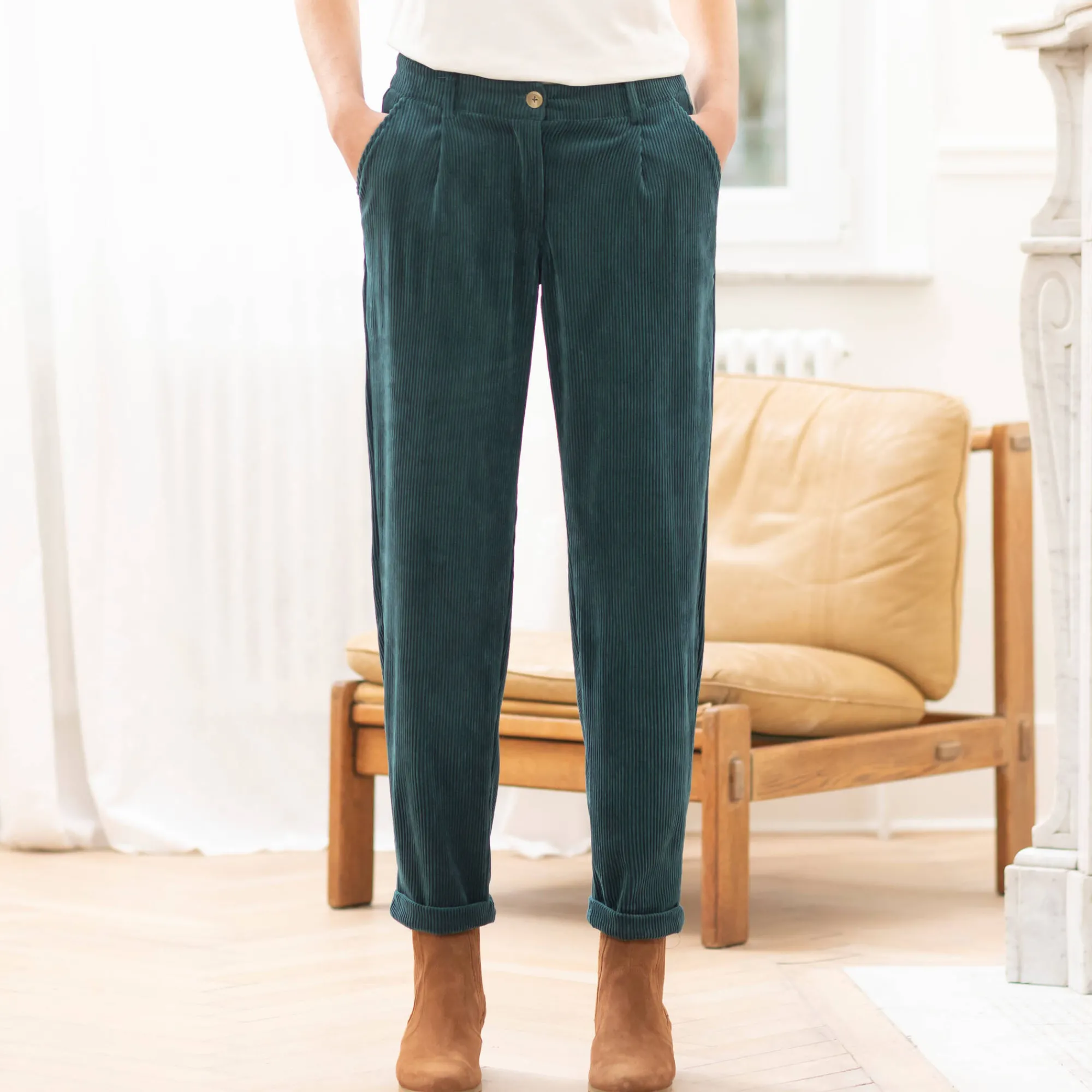 Broek<Blancheporte 7/8-broek, velours petroleumblauw