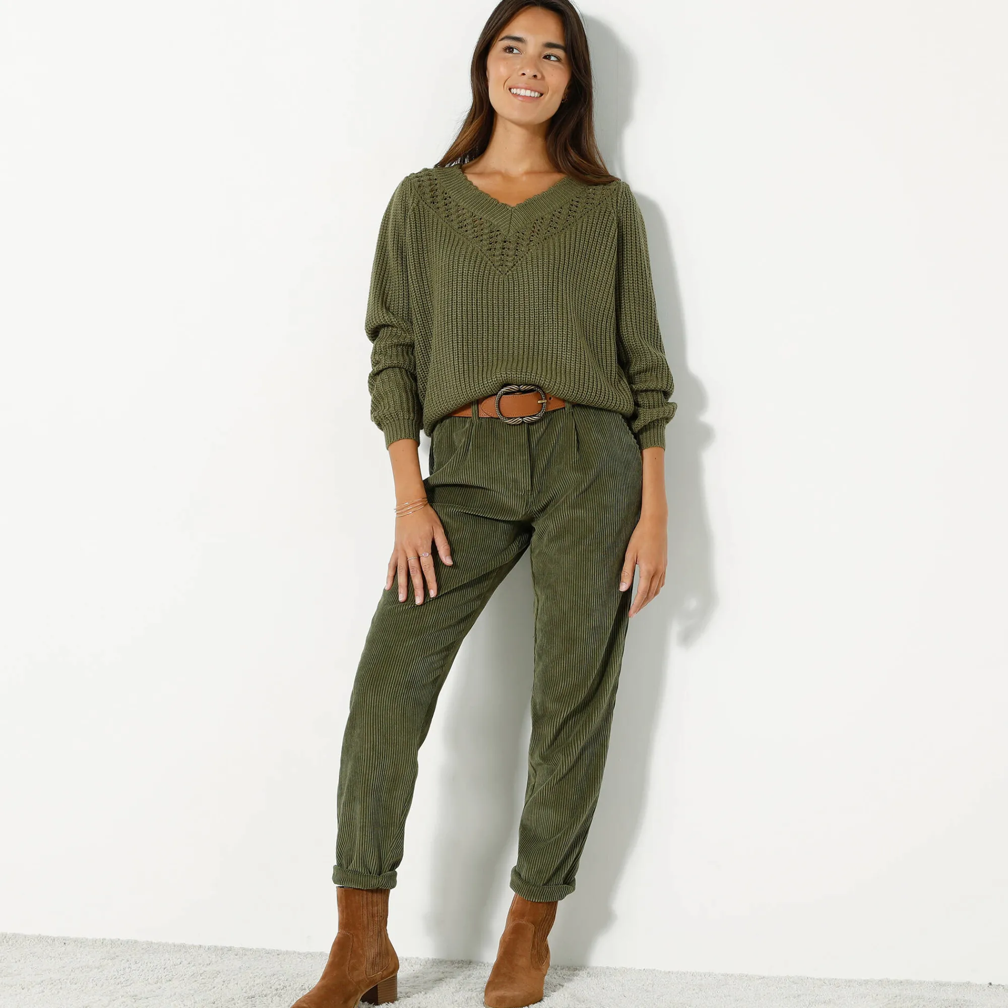Broek<Blancheporte 7/8-broek, velours kaki