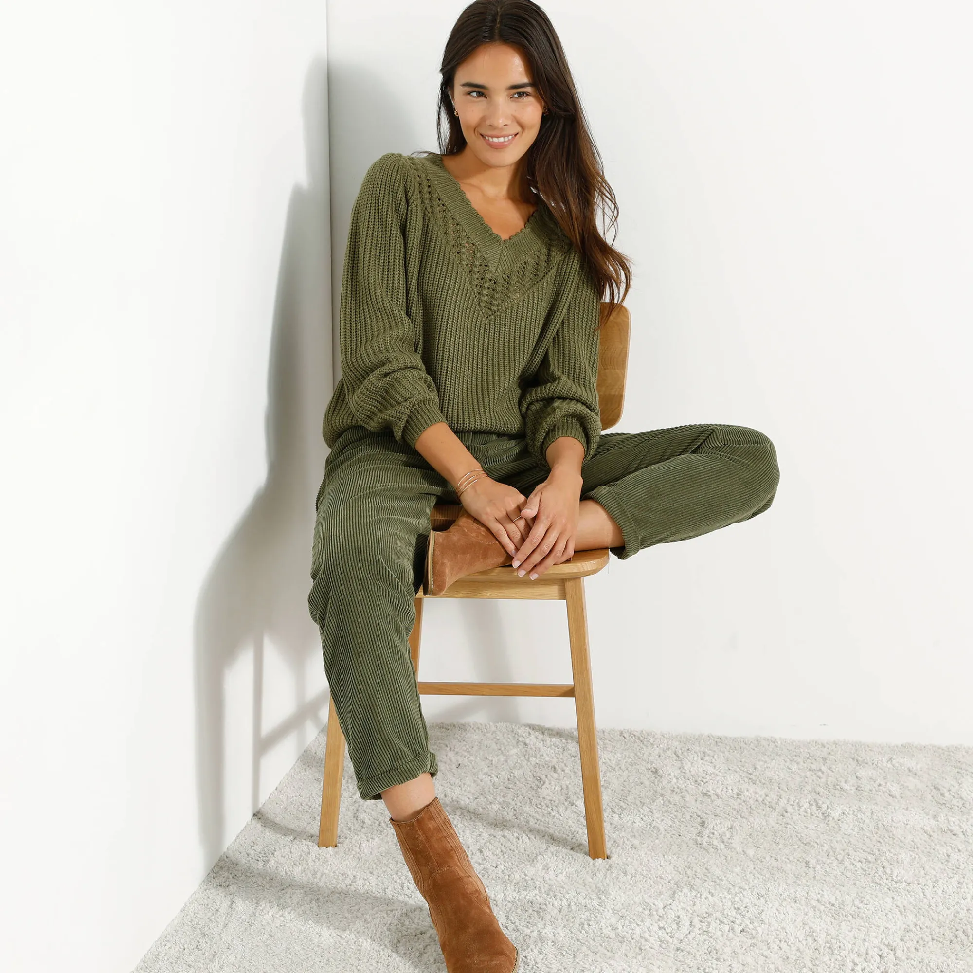 Broek<Blancheporte 7/8-broek, velours kaki