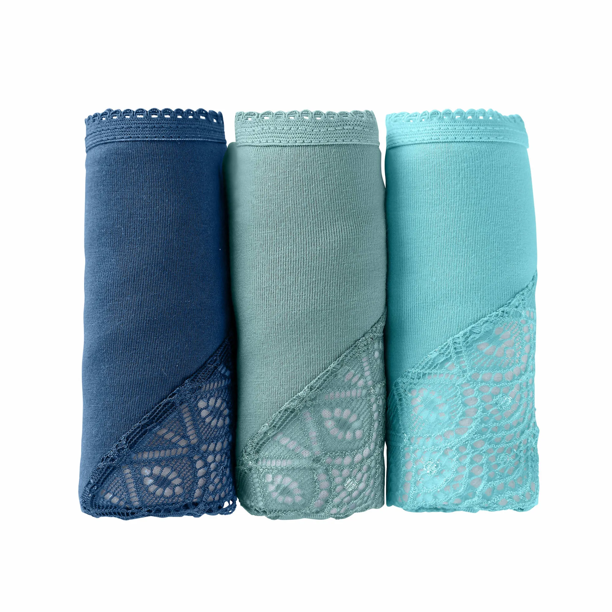 Slip En Shorty<Blancheporte Broekje in tangamodel, in katoen en kant - set van 3 blauw + marine + groen