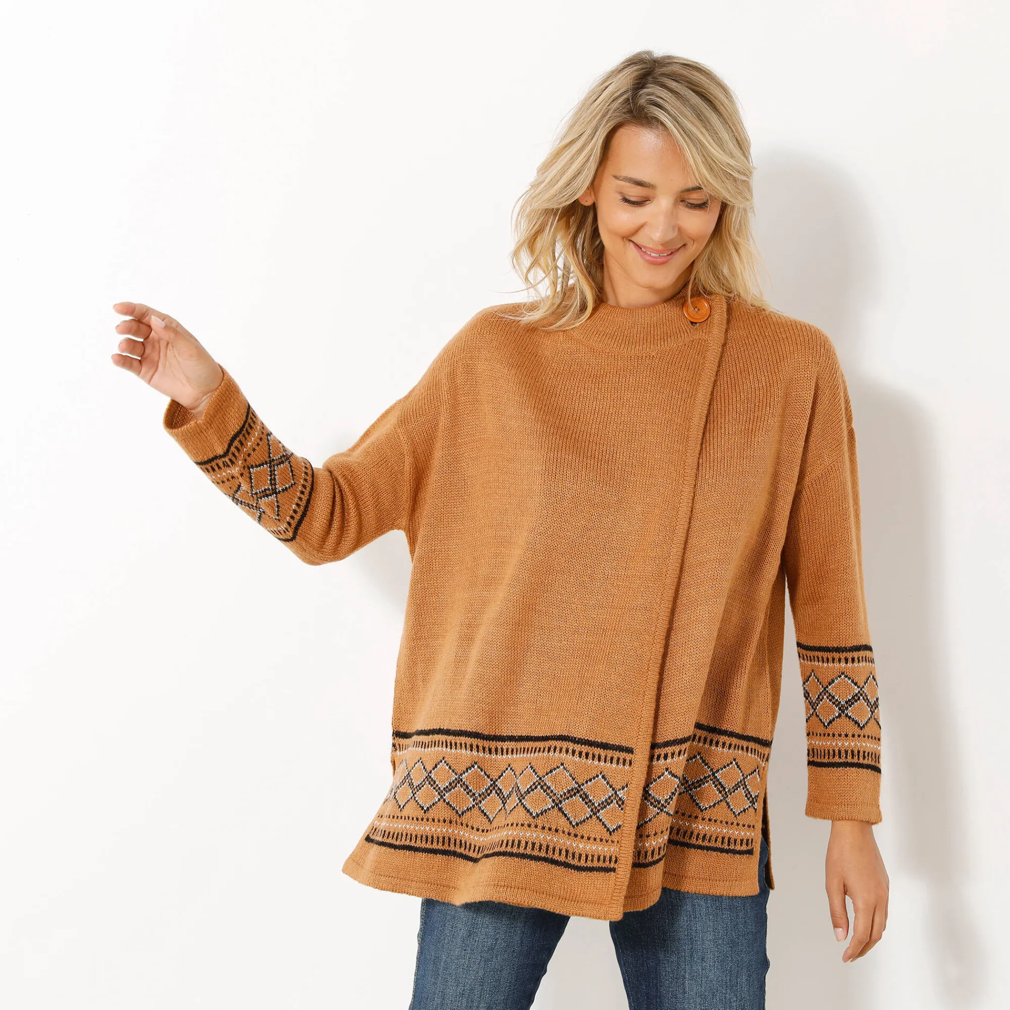 Trui En Vest<Blancheporte Capevest in jacquard, opstaande hals hazelnootbruin