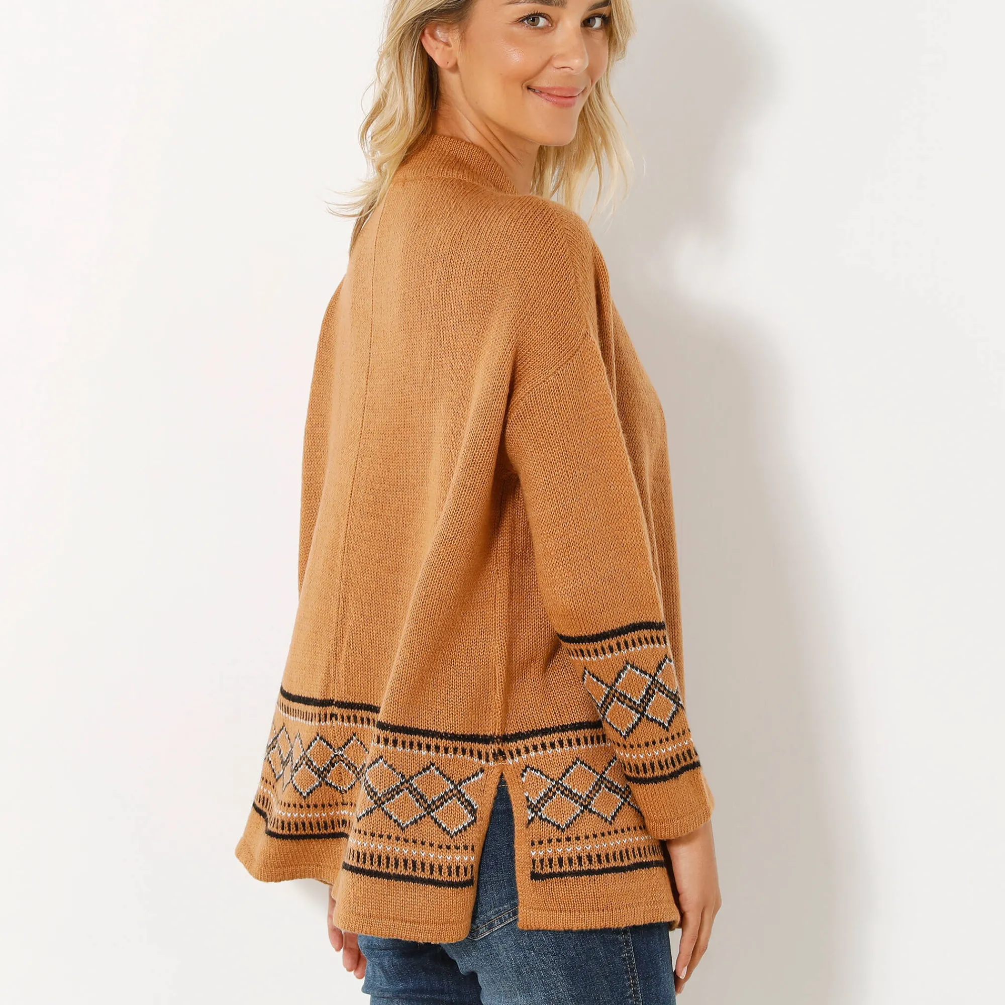 Trui En Vest<Blancheporte Capevest in jacquard, opstaande hals hazelnootbruin