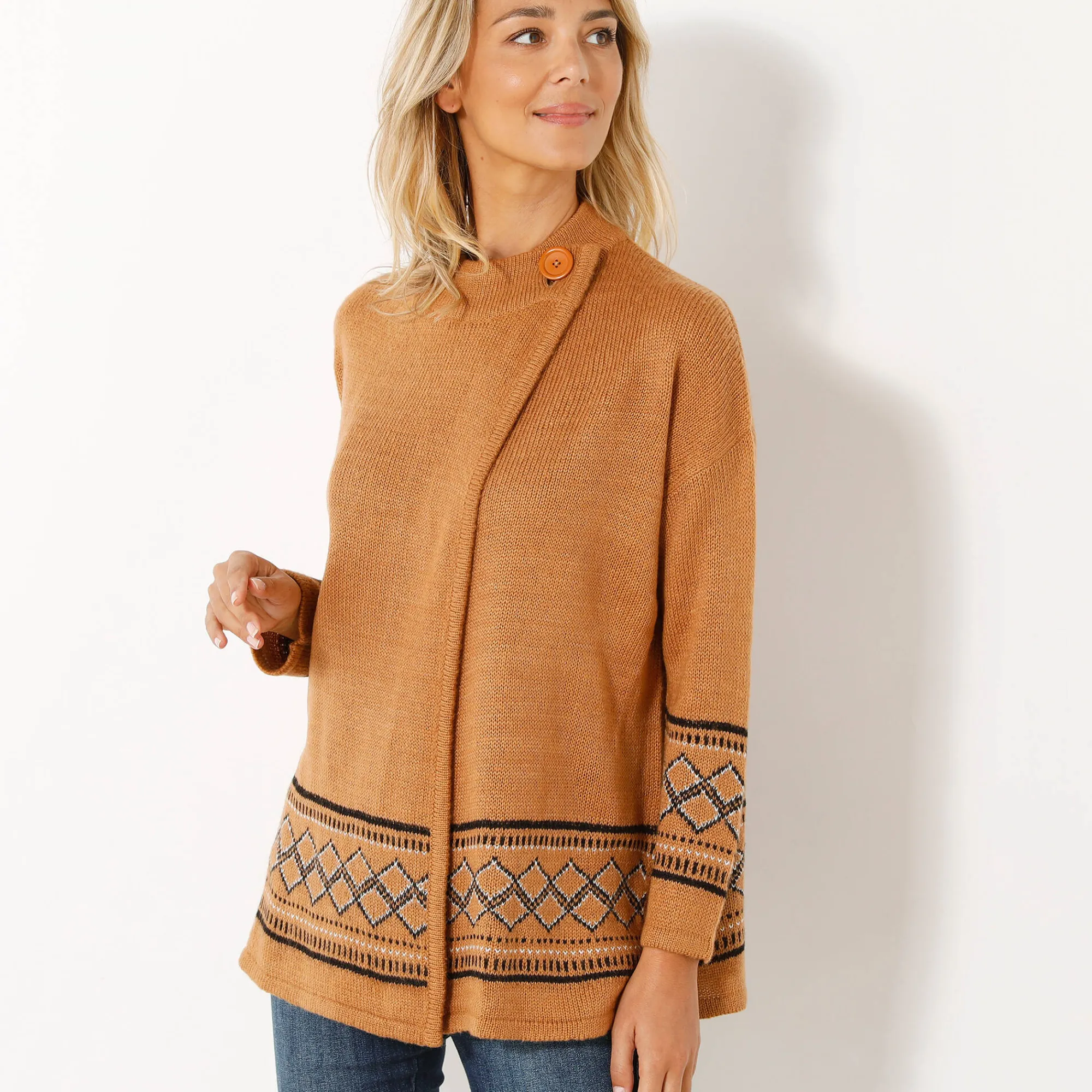 Trui En Vest<Blancheporte Capevest in jacquard, opstaande hals hazelnootbruin