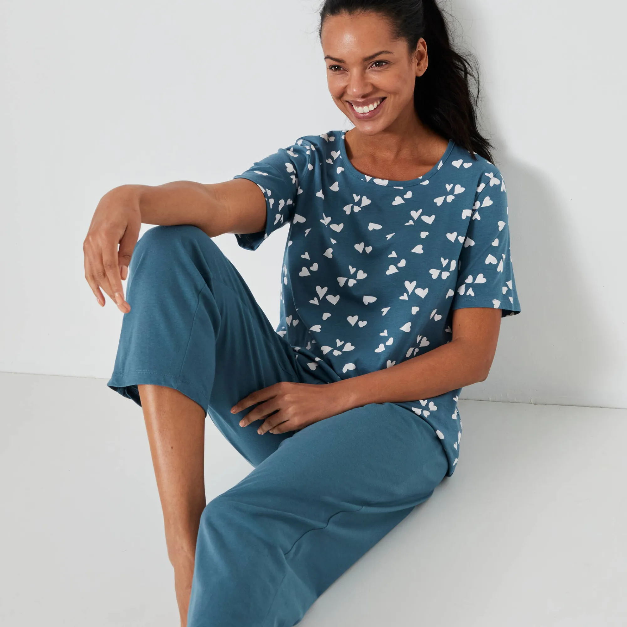 Pyjama<Blancheporte Caprama met hartjesprint smaragd / wit