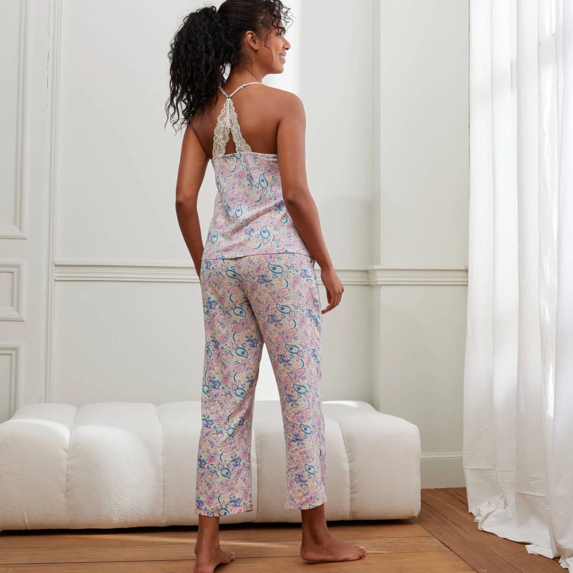 Pyjama<Blancheporte Caprama met kasjmierprint ecru / roze