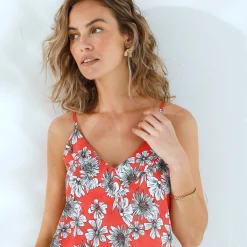 Bloes En Tuniek<Blancheporte Caraco met bloemenprint, eco-verantwoorde viscose koraal / wit