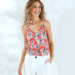 Bloes En Tuniek<Blancheporte Caraco met bloemenprint, eco-verantwoorde viscose koraal / wit