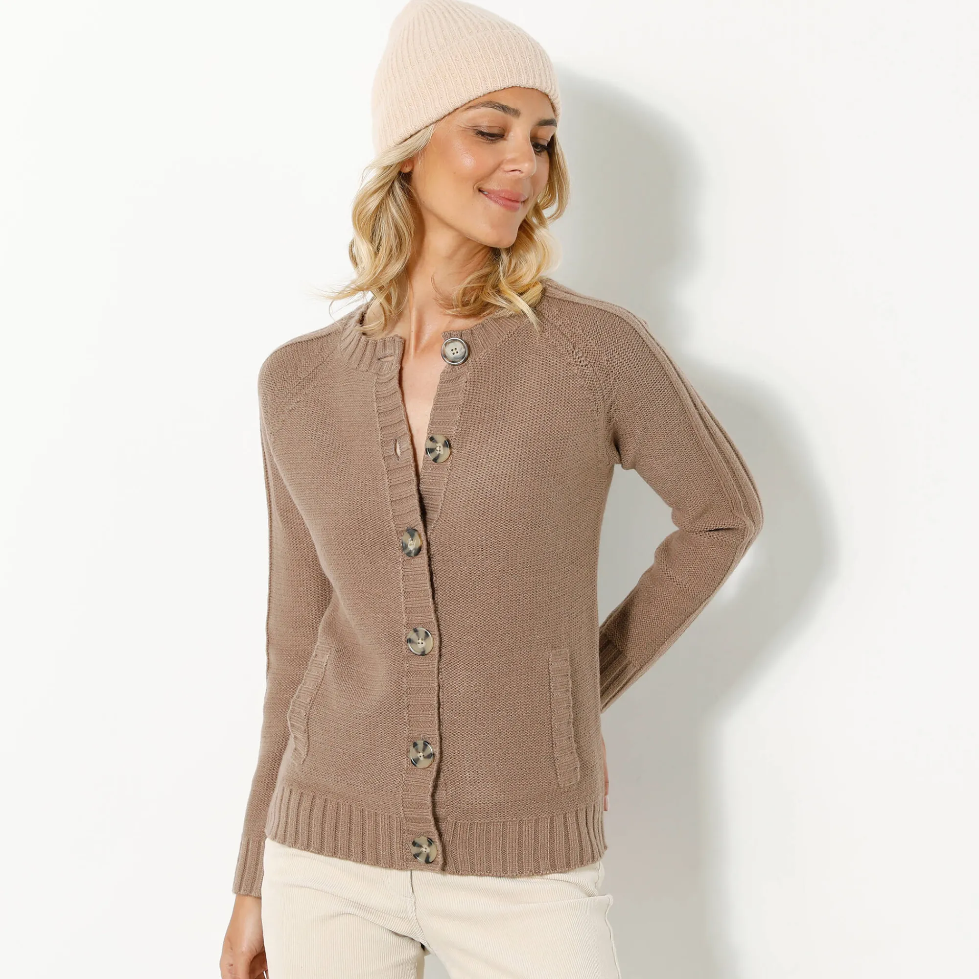 Trui En Vest<Blancheporte Cardigan in fantasietricot met knoopsluiting lichttaupe