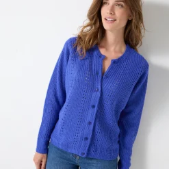 Trui En Vest<Blancheporte Cardigan in fantasietricot, met knoopsluiting felblauw