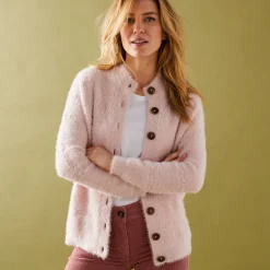 Trui En Vest<Blancheporte Cardigan in harig fantasietricot met knopen poederroze