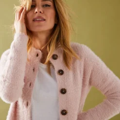 Trui En Vest<Blancheporte Cardigan in harig fantasietricot met knopen poederroze