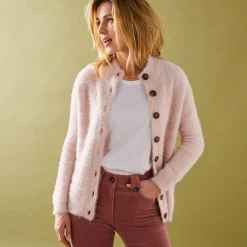 Trui En Vest<Blancheporte Cardigan in harig fantasietricot met knopen poederroze