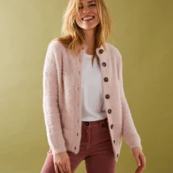 Trui En Vest<Blancheporte Cardigan in harig fantasietricot met knopen poederroze