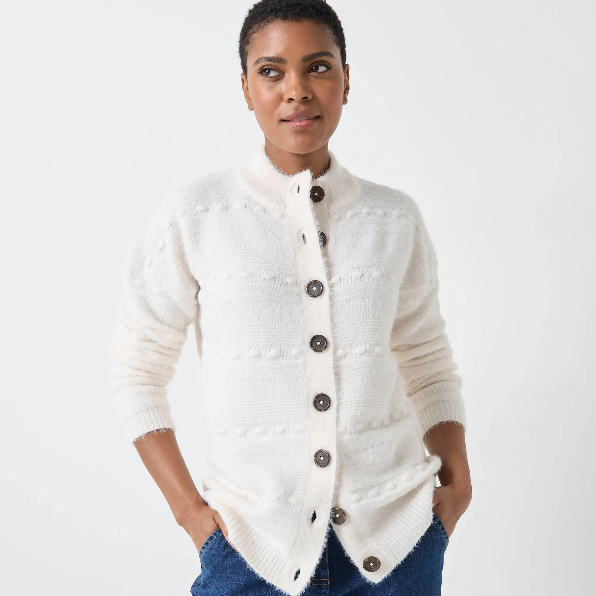 Trui En Vest<Blancheporte Cardigan in harig fantasietricot met knopen ecru