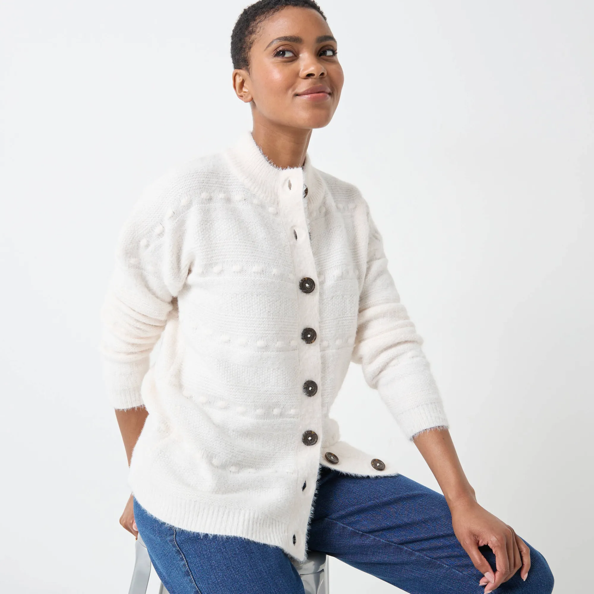 Trui En Vest<Blancheporte Cardigan in harig fantasietricot met knopen ecru