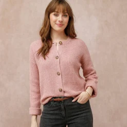 Trui En Vest<Blancheporte Cardigan in patenttricot met knoopsluiting en lange mouwen chiné roze