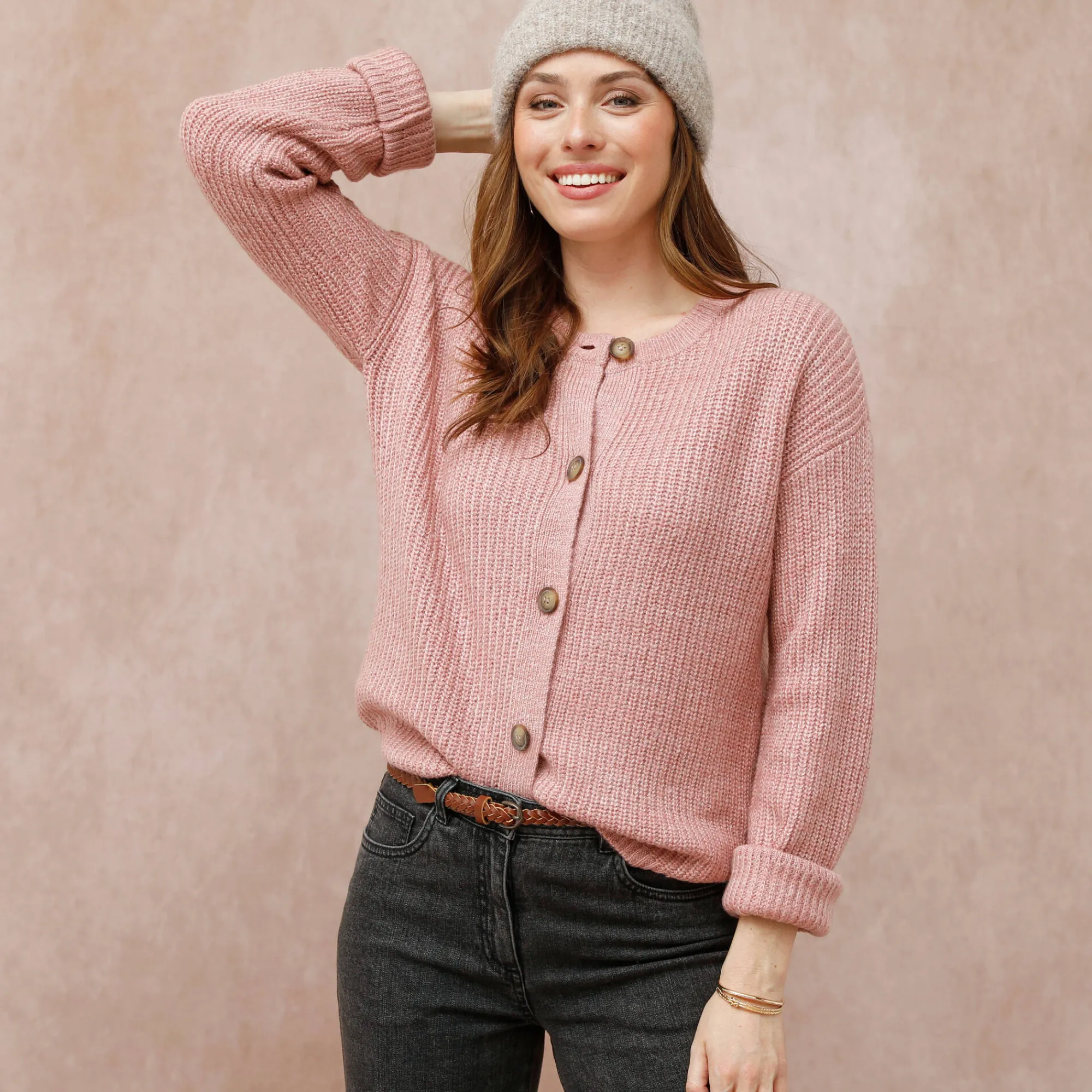 Trui En Vest<Blancheporte Cardigan in patenttricot met knoopsluiting en lange mouwen chiné roze