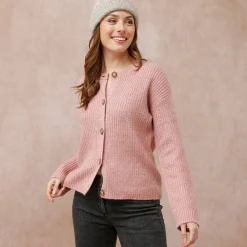 Trui En Vest<Blancheporte Cardigan in patenttricot met knoopsluiting en lange mouwen chiné roze