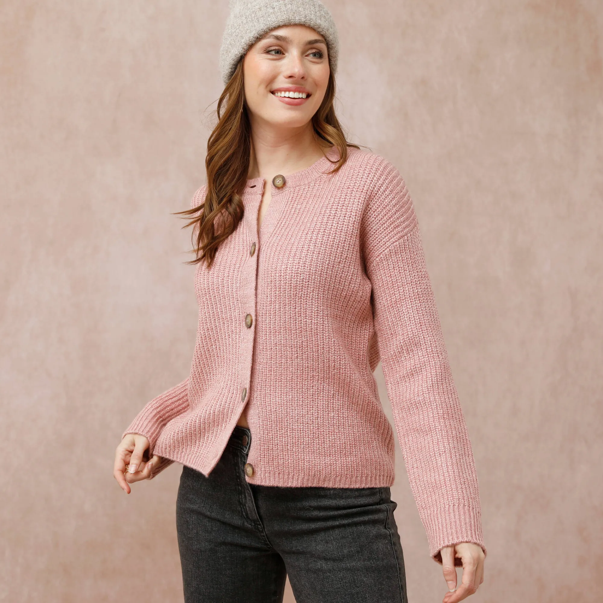 Trui En Vest<Blancheporte Cardigan in patenttricot met knoopsluiting en lange mouwen chiné roze