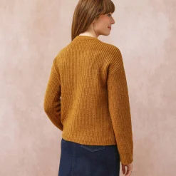 Trui En Vest<Blancheporte Cardigan in patenttricot met knoopsluiting en lange mouwen chiné havanna