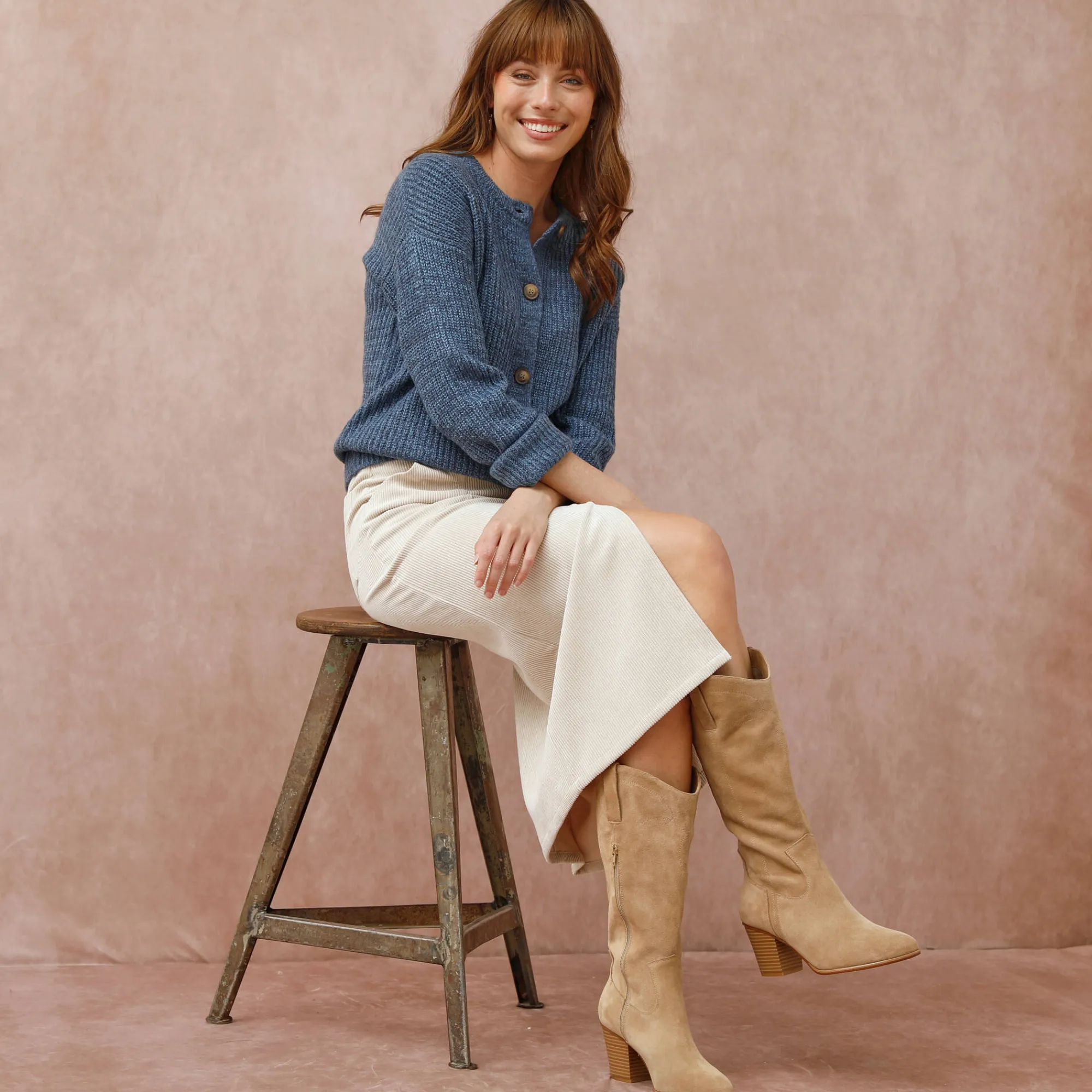 Trui En Vest<Blancheporte Cardigan in patenttricot met knoopsluiting en lange mouwen chiné blauw