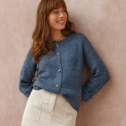 Trui En Vest<Blancheporte Cardigan in patenttricot met knoopsluiting en lange mouwen chiné blauw