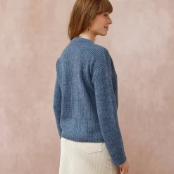Trui En Vest<Blancheporte Cardigan in patenttricot met knoopsluiting en lange mouwen chiné blauw